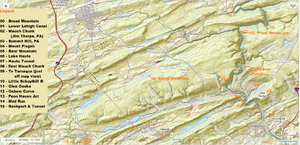 USGS relief-Broad Mountain and Terrains it dominates west of the Lehigh Gorge and north of Tamaqua, Nesquehoning and Jim Thorpe, PA.png
