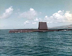 Port-side view of USS Razorback (SS-394) off Hawaii, ca. the 1960s, after GUPPY IIA conversion