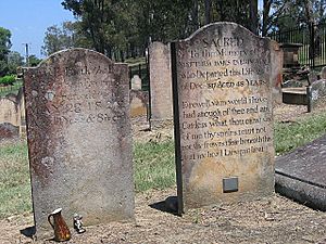 1837 - Wilberforce Cemetery - Everingham family headstones in Wilberforce Cemetery for Matthew (d. 1817) and Elizabeth (d. 1822) Everingham. Matthew Everingham arrived First Fleet in 1788 , noted early Hawkesbury settler. (5055789b2)