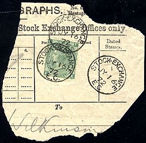 1872 Stock Exchange Forgery 1s green Pl. 5 lett FK on part telegraph form