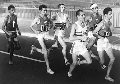 The 1960 Olympic marathon's lead pack, near the 10 km (6 mi) mark