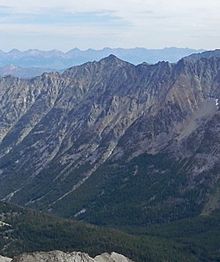 A photo of Angel's Perch viewed from the summit of Hyndman Peak.