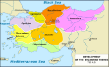 A map centred on Turkey. From west to east and north to south with the corresponding colors in brackets; are the themes of Opsikion (light purple), Thracesians (light grey), Cibyrrhaeots (light green), Optimatoi (green), Anatolic (brown), Bucellarians (orange) and Armeniacs (purple). On the map are marked the major rivers; the Aegean, Black and Mediterranean Seas; the cities of Ephesos, Constantinople, Ancyra, Tarsus, Adana, Antioch and Edessa; and the islands of Samos, Crete and Cyprus.