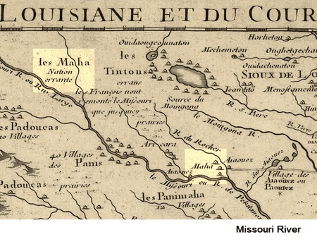 Detail of the 1718 De L'isle map. Location of Maha (the Omaha Indians) and Les Maha Nation errente