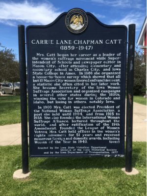 Historical marker for Carrie Lane Chapman Catt in Iowa