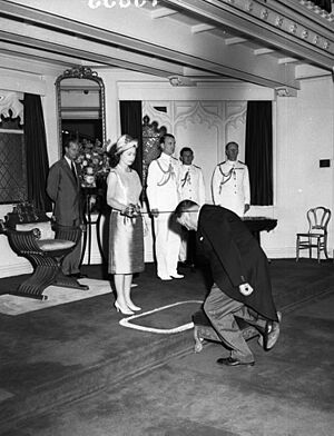 Investiture, Royal visit of Queen Elizabeth II and the Duke of Edinburgh, February 1963, Government House, Sydney - photographer Australian Photographic Agency (7300133560)