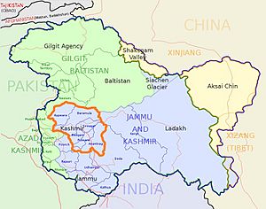 Kashmir Valley (orange bordered) lies in Jammu & Kashmir state of India