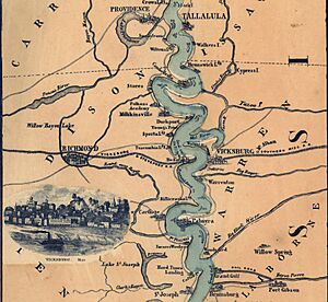 Landmarks in the vicinity of Vicksburg, Mississippi from a river map published in 1863, showing Richmond, which was then the parish seat