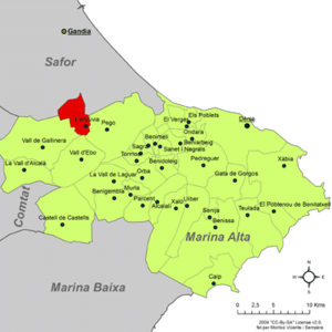 Location in the comarca Marina Alta, within the Province of Alicante