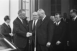 President Johnson (USA) had besprekingen met Kiesinger te Bonn, v.l.n.r. Johnson, Bestanddeelnr 920-2594