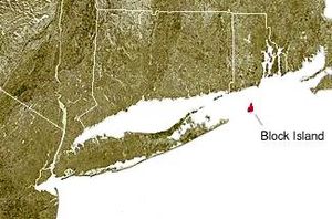Block Island, shown in red, off the coast of the State of Rhode Island.