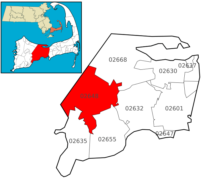 Image Barnstable MA zip codes (02648 Marstons Mills highlighted)