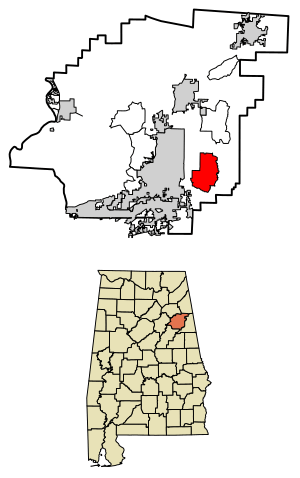 Location of Choccolocco in Calhoun County, Alabama.
