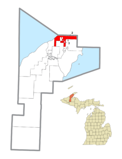 Location within Houghton County and the administered villages of Calumet (1), Copper City (2), and Laurium (3)
