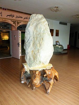 Large mutton fat jade displayed in Hotan Cultural Museum lobby