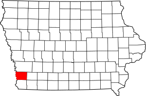 Map of Iowa highlighting Mills County