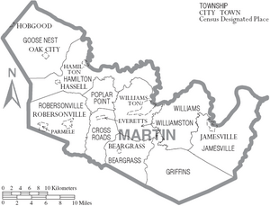 Map of Martin County North Carolina With Municipal and Township Labels