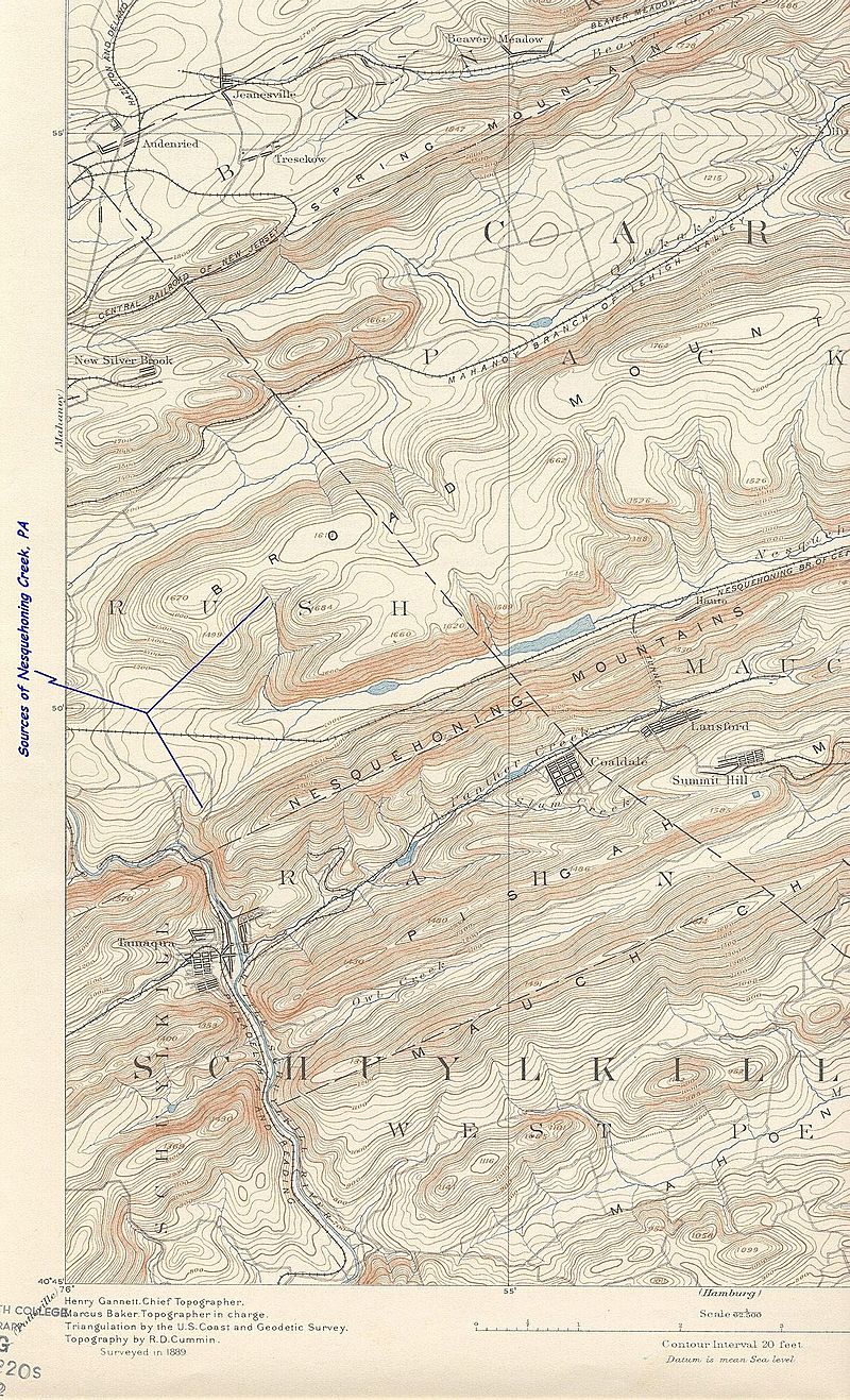 Sources of Nesquehoning creek from hzlt93sw map excerpt