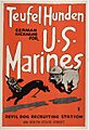 cartoon of a bulldog wearing a Marine helmet chasing a dachshund wearing a German helmet, the poster reads "Teufelhunden: German nickname for U.S. Marines. Devil Dog recruiting station, 628 South State Street"