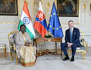 The President of India, Smt. Droupadi Murmu meets the President of the Slovak Republic, Mr. Peter Pellegrini at the Presidential Palace, in Bratislava, Slovakia on April 09, 2025