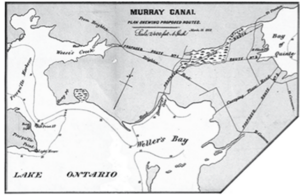 Three proposed routes for a short canal connecting the Bay of Quinte with Lake Ontario, 1868