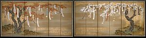 Tosa Mitsuoki - Flowering Cherry and Autumn Maples with Poem Slips - Google Art Project