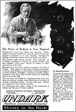 Undark (Radium Girls) advertisement, 1921, retouched