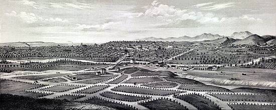 View of Los Angeles from the east. Brooklyn Hights in the foreground; Pacific Ocean and Santa Monica Mountains in the background. (pm000250) CROPPED