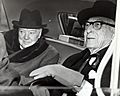 Winston Churchill and Bernard Baruch talk in car in front of Baruch's home, 14 April 1961