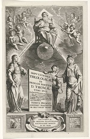 Allegorische titelpagina met God de Vader en personificaties van Licht en Geloof Titelpagina voor Rodrigo de Arriaga, Disputationes theologicae. Antwerpen 1643, RP-P-OB-7070.jpg