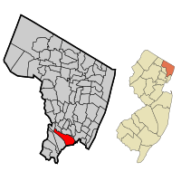 Map highlighting Carlstadt's location within Bergen County. Inset: Bergen County's location within New Jersey
