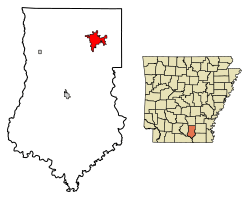Location of Warren in Bradley County, Arkansas.