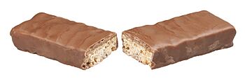 A Whatchamacallit candy bar broken in half, showing the peanut butter crisp.