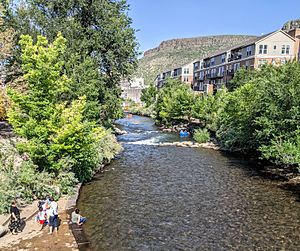 Clear Creek Golden CO with South Table Mountain and tubers