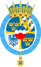 A mostly blue coat of arms featuring crowns, a lion, and an eagle