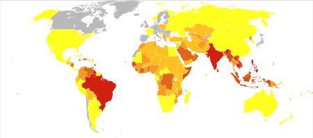 Dengue world map-Deaths per million persons-WHO2012