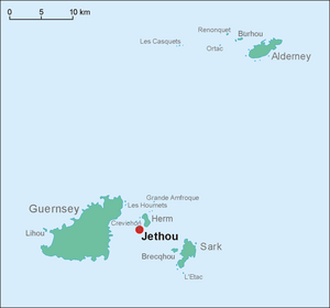This is a map of the Bailiwick of Guernsey. Jethou is just south of Herm.