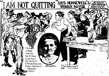Imaginative drawing by Marguerite Martyn, and a photo, of Mayor Ella Wilson of Hunnewell, Kansas, her opponents and her supporters, 1911