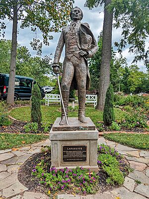 Lafayette statue in the Colonial-style garden at Moland house