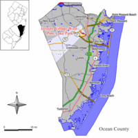Map of the former Leisure Village West-Pine Lake Park CDP in Ocean County. Inset: Location of Ocean County in New Jersey.