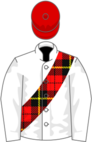 White, Wallace tartan sash, red cap