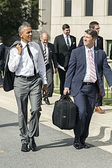 President Barack Obama departs Walter Reed National Military Medical Center with Dr. Ronny Jackson, in Bethesda, MD