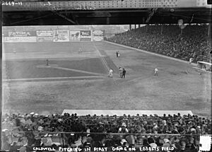 Ray Caldwell pitching in the first game at Ebbets Field, April 5, 1913