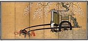 Six-fold screen with nobleman's cart under a flowering cherry tree c.1650