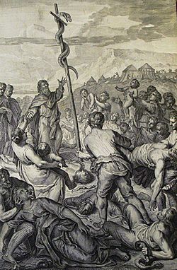 The Phillip Medhurst Picture Torah 569. The Israelites bitten by fiery serpents. Numbers cap 21 vv 6-9. Hoet