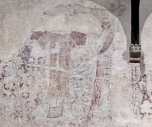 15th century wallpainting of St Michael weighing a soul and St Mary (Vierge de la Misericorde) interceding