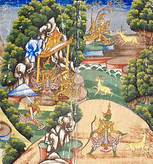 19th-century Ramayana manuscript, Rama Thagyin, Myanmar version, Ravana (Dathagiri) sends Gambi as golden deer (Shwethamin) to deceive Sita (Thida)