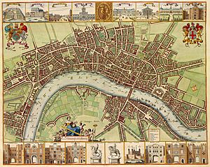 Map of London from Westminster to Wapping, with small pictures of London landmarks at the bottom