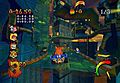 Crash Bandicoot drives his kart over a chasm in a futuristic racecourse