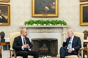 Joe Biden and Denys Shmyhal at the White House to talk about Russian invasion